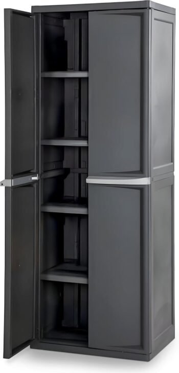 Sterilite 4 Shelf Cabinet, Heavy Duty and Easy to Assemble Plastic Storage Unit, Organize Bins in the Garage, Basement, Attic, Mudroom, Gray, 1-pack