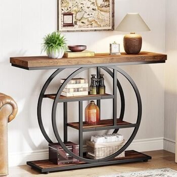 Tribesigns 41.3″ Console Table, Industrial 4-Tier Sofa Table Entryway Table with Circle Base, Narrow Wood Accent Tables with Storage Shelves for Living Room, Hallway, Foyer, Rustic Brown